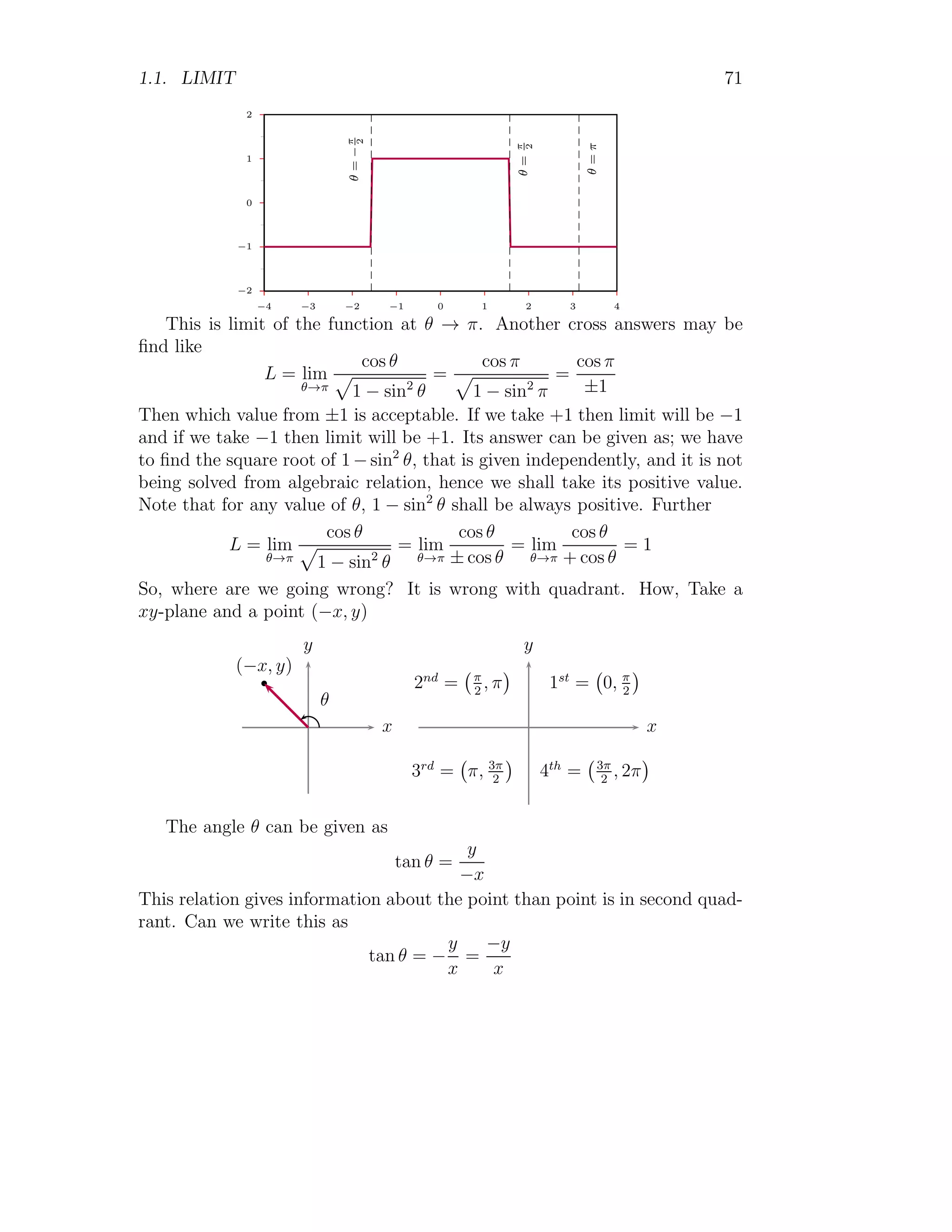 1.1. LIMIT 63
function is only f(x) = x + 1 for all three test limits as this function falls
under the conditional domain x  0.
Point Limit When x = 2, the function f(x) = x + 1 is effective. In this
case, point limit of function is
L [f(x)] = lim
x→2
(x + 1) = 3
Right Hand Limit When x = 2+
, the function f(x) = x + 1 is effective.
In this case, left hand limit of function is
L+
[f(x)] = lim
x→2
(x + 1) = 3
Left Hand Limit When x = 2−
, the function f(x) = x + 1 is effective. In
this case, right hand limit of function is
L−
[f(x)] = lim
x→2
(x + 1) = 3
All three limits are equal, hence limit exists at x = 2 and it is 3.
1.1.13 L’Hospital’s Rule
f(x) and g(x) are two functions of x, and they form numerator and denom-
inator of a fraction. These two functions are expanded by Tayler’s theorem
in the neighborhood of x = a. If f(a) = 0 and g(a) = 0 then
lim
x→a
f(x)
g(x)
= lim
x→a
f′
(x)
g′(x)
(1.42)
This rule is applicable only when the limx→a
f(x)
g(x)
= 0
0
form. If limit is not in
such form, application of this rule is strictly prohibited. The other derivative
indeterminate forms are ∞/∞, ∞ − ∞, 0 × ∞, 1∞
and 00
.
Indeterminate Form To understand the indeterminate form of limits, we
first understand the concept of zero and infinity. Generally, infinity is a num-
ber that is very very large and uncountable. Zero means nothing. But these
two numbers are not possible to be achieved. They are studies relatively.
For example, when we are measuring room dimensions, 100 kilometer is very
very large in comparison to the room’s dimension. Hence 100 kilometer is
 