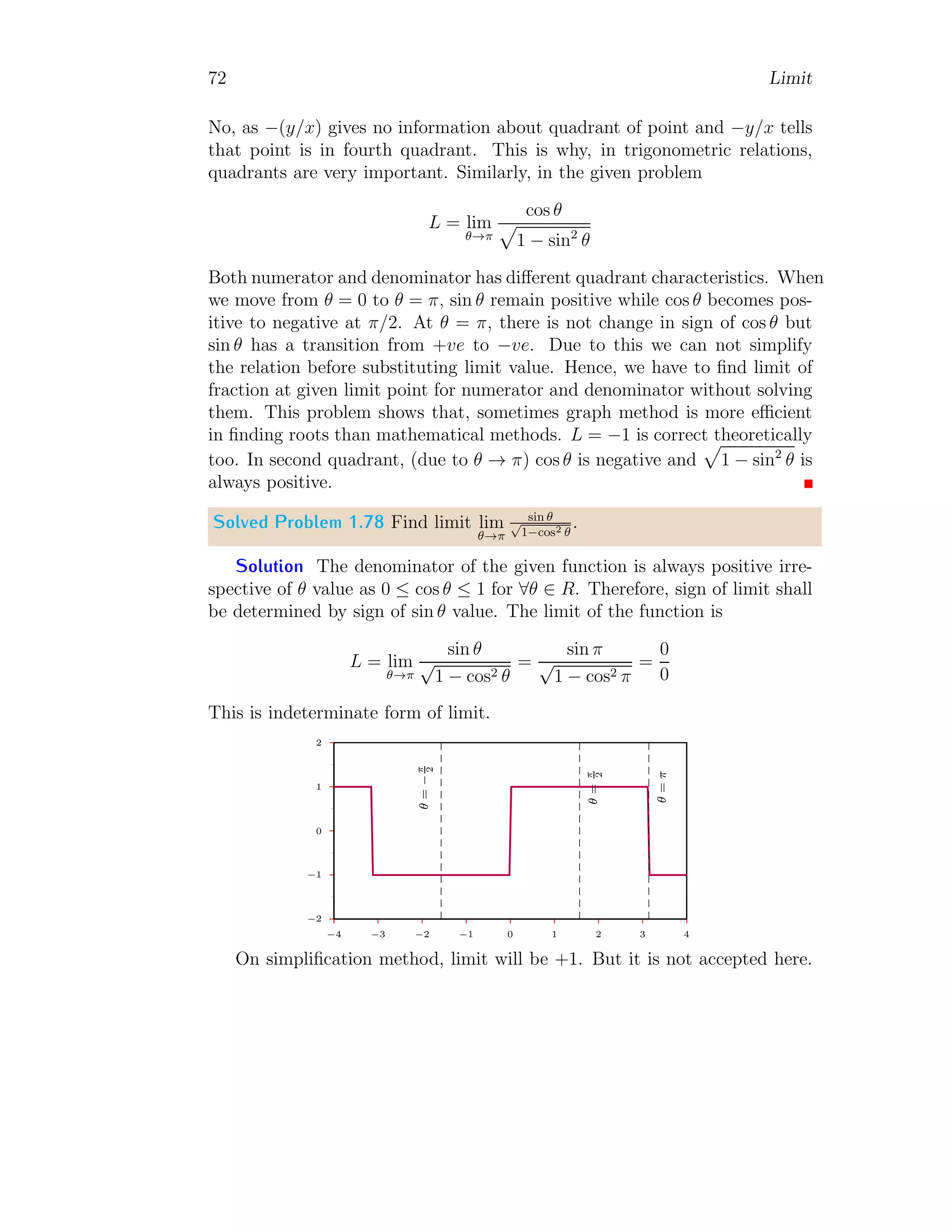 64 Limit
relatively infinite in compare to the room’s dimensions. Similarly, when a
number is very very small in comparison to the other number, then it is con-
sidered as zero and may be neglected. In fractions, some times we encounter
the fraction as ∞/∞. The result of this division is not exactly known. It
may be equal to 1 or to other numbers. For example,
L =
2 + 3 × ∞
4 + ∞
The right hand side of above relation appears that it is ∞/∞ but this fraction
has value 3. It can be understand that, 2 and 4 are negligible in comparing to
3×∞ and ∞ respectively. But numerator is 3 times as large as denominator,
if we neglect 2 and 4 and consider ∞ very very large in comparison to 2 and
4 respectively.
Solved Problem 1.68 Evaluate limit of limx→0
x+tan x
sin x
using L’Hospital rule.
Solution The given relation is
lim
x→0
x + tan x
sin x
2
1 2 3
−1
−2
−3
x
f(x)
If limit is applied then it gives
L =
0
0
this is not acceptable. Hence we derivate numerator and denominator with
respect to x. Hence
L = lim
x→0
1 + sec2
x
cos x
Taking limit in right hand side
L =
1 + sec2
0
cos 0
It gives limit L = 2.
 