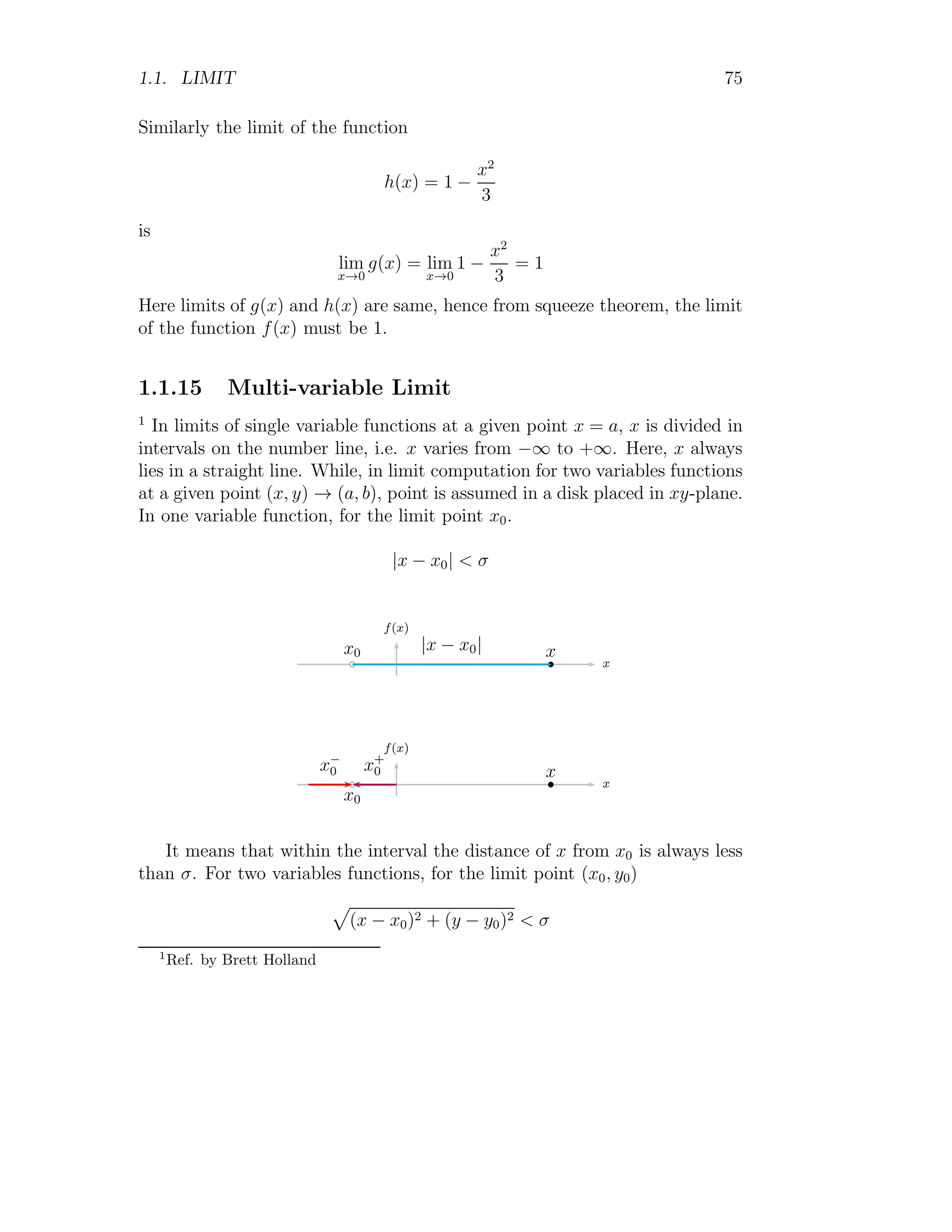 1.1. LIMIT 67
Solved Problem 1.72 Evaluate limit of limx→0
tan(x)−x
sin(x)−x
using L’Hospital rule.
Solution The given relation is
lim
x→0
tan(x) − x
sin(x) − x
2
−2
1 2 3 4
−1
−2
−3
−4
−5
x
f(x)
Applying limit straight ward in the relation
L =
0
0
It is not acceptable. Taking derivation of numerator and denominator with
respect to x.
L = lim
x→0
sec2
(x) − 1
cos(x) − 1
On applying limits in right hand side
L =
0
0
That is not acceptable again. Taking derivative of numerator and denomi-
nator with respect to x once again
L = lim
x→0
2 sec2
(x) tan(x)
− sin(x)
On applying limits in right hand side
L =
0
0
 