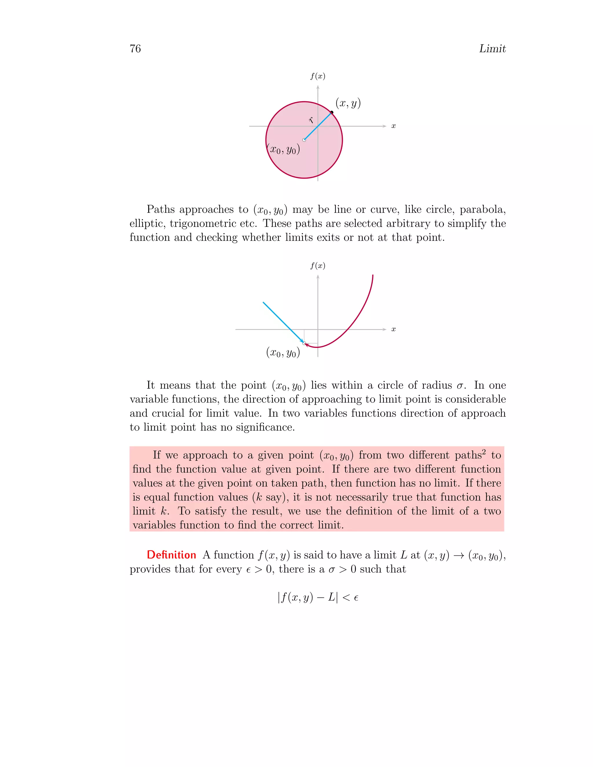 68 Limit
That is not acceptable again. Taking derivative of numerator and denomi-
nator with respect to x again
L = lim
x→0
2(2 sec2
(x) tan2
(x) + sec4
(x))
− cos(x)
Taking limit in right hand side
L =
2(2 sec2
(0) tan2
(0) + sec4
(0)
− cos(0)
It gives limit L = −2.
Solved Problem 1.73 Evaluate limit of limx→−2
x+2
x3+8
using L’Hospital rule.
Solution
1
1
−1
−2
−3
x
f(x)
The limit
L = lim
x→−2
x + 2
x3 + 8
given not acceptable value 0/0. Now derivating numerator and denominator
of the function
L = lim
x→−2
1
3x2
It gives
L =
1
12
.
Solved Problem 1.74 Evaluate limit of limx→1
1−x
sin(1−x2)
using L’Hospital rule.
Solution
 
