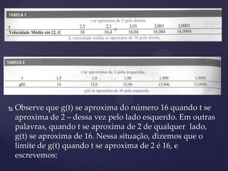    Observe que g(t) se aproxima do número 16 quando t se
    aproxima de 2 – dessa vez pelo lado esquerdo. Em outras
    palavras, quando t se aproxima de 2 de qualquer lado,
    g(t) se aproxima de 16. Nessa situação, dizemos que o
    limite de g(t) quando t se aproxima de 2 é 16, e
    escrevemos:
 