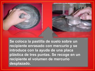 Se coloca la pastilla de suelo sobre un 
recipiente enrasado con mercurio y se 
introduce con la ayuda de una placa 
plástica de tres puntas. Se recoge en un 
recipiente el volumen de mercurio 
desplazado. 
 