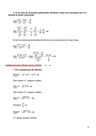 25
2. Si se trata de funciones potenciales dividimos todos los sumandos por la x
elevada al mayor exponente.
Si son funciones exponenciales dividimos por la exponencial de mayor base.
Indeterminación infinito menos infinito
1. Por comparación de infinitos.
 