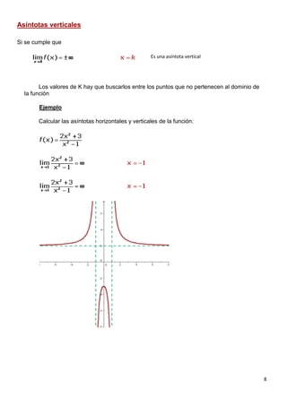 8
Asíntotas verticales
Si se cumple que
Los valores de K hay que buscarlos entre los puntos que no pertenecen al dominio de
la función
Ejemplo
Calcular las asíntotas horizontales y verticales de la función:
Es una asíntota vertical
 