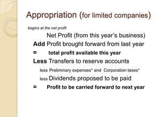 Appropriation (for limited companies)
begins at the net profit

Net Profit (from this year‟s business)
Add Profit brought forward from last year
=
total profit available this year
Less Transfers to reserve accounts
less Preliminary expenses* and Corporation taxes*
less Dividends

=

proposed to be paid

Profit to be carried forward to next year

 