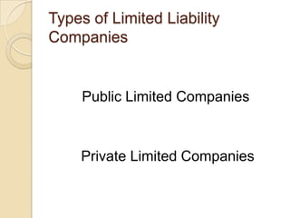 Types of Limited Liability
Companies

Public Limited Companies

Private Limited Companies

 