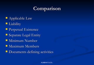 Comparison
   Applicable Law
   Liability
   Perpetual Existence
   Separate Legal Entity
   Minimum Number
   Maximum Members
   Documents defining activities

                        KUMBHAT & CO.,
 