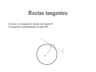 Rectas tangentes
P
L
O
La recta L es tangente al círculo en el punto P.
La tangente es perpendicular al radio OP.
 