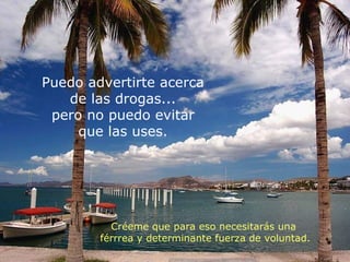 Puedo advertirte acerca  de las drogas...  pero no puedo evitar  que las uses.  Créeme que para eso necesitarás una  férrrea y determinante fuerza de voluntad. 