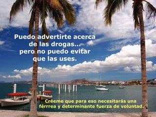 Puedo advertirte acerca  de las drogas...  pero no puedo evitar  que las uses.  Créeme que para eso necesitarás una  férrrea y determinante fuerza de voluntad. 