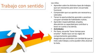 Trabajo con sentido 
Los niños: 
• Aprenden sobre los distintos tipos de trabajos 
que son necesarios para tener una jornada 
funcional. 
• Comprenden que sus aportes son necesarios y 
valorados. 
• Tienen la oportunidad de aprender y practicar 
una gran variedad de habilidades nuevas. 
• Aprenden responsabilidad, empatía, 
descubrirán su capacidad para contribuir y 
tener en cuenta a los demás. 
• Actividades: 
• Por favor, recuerda "tener tiempo para 
enseñar". Nadie nace con las reglas de 
comportamiento aprendidas. 
• Asegúrate que entiendan con claridad de que se 
trata cada trabajo y como pueden ellos alcanzar 
la meta. 
 