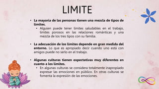 LIMITE
• La mayoría de las personas tienen una mezcla de tipos de
límites.
• Alguien puede tener límites saludables en el trabajo,
límites porosos en las relaciones románticas y una
mezcla de los tres tipos con su familia.
• La adecuación de los límites depende en gran medida del
entorno. Lo que es apropiado decir cuando uno está con
amigos puede no serlo en el trabajo.
• Algunas culturas tienen expectativas muy diferentes en
cuanto a los límites.
• En algunas culturas se considera totalmente inapropiado
expresar las emociones en público. En otras culturas se
fomenta la expresión de las emociones.
 