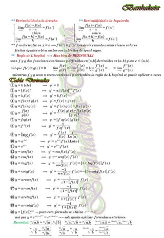 .....
,
:
** **
** ,
.
, , , ,
. .
. .
. . .
. .
.
. .
.
.
.
.
.
. . . . . .
**
lim
lim
lim
lim
inf
lim lim lim lim
cos
cos
cos
cot cot
cos
cot
e e
e
e
Derivabilidad a la derecha Derivabilidad a la Izquierda
o bi n o bi n
Regla de L hopital Mas bi n de BERNOULLI
h
f a h f a
f a
x a
f x f a
f a
h
f a h f a
f a
x a
f x f a
f a
f es derivable en x a f a f a es decir cuando ambas tienen valores
finitos iguales o bi n ambos son initos de igual signo
sean f y g dos funciones continuas y definidas en a b derivables en a b y sea c a b
tal que f c g c
g x
f x
g x
f x
g x
f x
g x
f x
mientras f y g sean n veces continuas y derivables la regla de L hopital se puede aplicar n veces
y k cte y
y f x y n f x f x
y k f x y k f x
y f x g x y f x g x
y f x g x y f x g x f x g x
y
g x
f x
y
g x
f x g x f x g x
y fog x y f og x g x
y f x y
f of x
y f x y
f x
f x
Ln a
y a y a f x Ln a
y e y e f x
y senf x y f x f x
y f x y senf x f x
y tagf x y
f x
f x tag f x f x
y gf x y
sen f x
f x g f x f x
y arcsenf x y
f x
f x
y ar f x y
f x
f x
y arctagf x y
f x
f x
y ar gf x y
f x
f x
y f x para esta formula se utiliza
asi que y solo queda aplicar formulas anteriores
a b a b a b a b a b a b
b
a
b
a
b
a
b
a
b
a
b
a
e a
e e
Recordad
0
1 0
2
3
4
5
6
7
8
1
9
1
10
11
12
13
14
1
1
15
1
1
16
1
1
17
1
1
18
1
1
19
1
1
20
ln
h
x a
h
x a
x c x c x c x c
n
n
n n
a
f x f x
f x f x
g x
n n n n n n n n n
n
n
n
n
n n n
n
n
Lna
f x g x Lnf x
0 0
1
2
1
1
2
2
2
2
2
2
2
2
2 2 2 2 2 2 2 1 2 1 2 1
2
2
2
2
2 2 2 1
2 1
2 1
g x
log
AA
,
(
(
(
(
(
(
(
(
(
(
(
(
(
(
(
(
(
(
(
A
AA
d
! !
+ -
=
-
-
=
+ -
=
-
-
=
= =
= = = = = =
= =
= =
= =
= =
= = +
= =
-
= =
= =
= =
= =
= =
= =
= =-
= = = +
= =
-
=- +
= =
-
= =
-
-
= =
+
= =
+
-
=
=
= = =
= = =
=
=
"
"
"
"
" " " "
+
+
-
-
+ -
-
-
-
+ + +
+
+
+
+
+
-
-
l
l
l
l
l l
l
l
ll
ll
l
l l
l l
l l l
l l l
l
l l
l l l
l
l
l
l
l l
l l
l l
l l
l l l
l l l
l l
l l
l l
l l
Q
Q
Q
Q
Q
Q
Q
Q
Q
Q
Q
Q
Q
Q
Q
Q
Q
Q
Q
Q
Q
Q
Q
Q
Q
Q
Q
Q
Q
Q
Q
Q
Q
Q
Q
Q
Q
Q
Q
Q
Q
Q
Q
Q
Q
Q
Q
Q
Q
Q
Q
Q
Q
Q
Q
Q
Q
Q
Q
Q
Q
Q
Q
Q
Q
Q
Q
Q
Q
Q
Q
Q
Q
Q
Q
Q
Q
Q
Q
Q
Q
Q
Q
Q
Q
Q
Q
Q
Q
Q
Q
Q
Q
Q
Q
Q
Q
Q
Q
Q Q
Q
Q
Q Q Q
Q
V
V
V
V
V
V
V
V
V
V
V
V
V
V
V
V
V
V
V
V
V
V
V
V
V
V
V
V
V
V
V
V
V
V
V
V
V
V
V
V
V
V
V
V
V
V
V
V
V
V
V
V
V
V
V
V
V
V
V
V
V
V
V
V
V
V
V
V
V
V
V
V
V
V
V
V
V
V
V
V
V
V
V
V
V
V
V
V
V
V
V
V
V
V
V
V
V
V
V
V
V
V
V
V V V
V
!
!
!
!
!
!
!
!
!
!
!
!
!
$
$
$
$
$
$
$
$
$
$
$
$
$
Z
[

]
]
]
]
]
]
]
]
]
]
]
]
Z
[

]
]
]
]
]
]
]
]
]
]
]
]
 