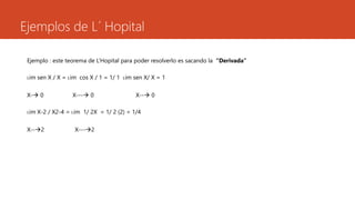 Ejemplos de L´ Hopital
Ejemplo : este teorema de L’Hopital para poder resolverlo es sacando la “Derivada”
Lim sen X / X = Lim cos X / 1 = 1/ 1 Lim sen X/ X = 1
X- 0 X--- 0 X-- 0
Lim X-2 / X2-4 = Lim 1/ 2X = 1/ 2 (2) = 1/4
X--2 X---2
 