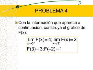 PROBLEMA 4
Con la información que aparece a
continuación, construya el gráfico de
F(x):
12)3;F(F(3)
2F(x)lim4;F(x)lim
3x3x...