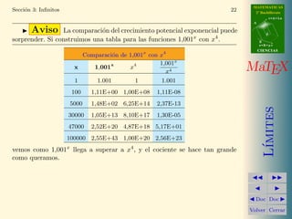 MATEMATICAS 
2º Bachillerato 
A 
r = A + l u 
B 
d 
s = B + m v 
CIIENCIIAS 
MaTEX 
L´ımites 
JJ II 
J I 
JDoc DocI 
Volver Cerrar 
Secci´on 2: Infinit´esimos 16 
Ejercicio 5. Aplicar equivalencias a los siguientes infinit´esimos en el punto 
indicado 
a) (sen 5x)x=0 b) [tan(1 − x)]x=1 
c) 
 
1 − cos x2 
x=0 d) [arcsin 3x]x=0 
e) [ln x]f ) [arctan sen x]x=1 x=0 
g) [esen x − 1]h) [ln(cos x)] 
x=0 x=0 
i) 
sen 3 
 
x=0 
p 
x 
Ejercicio 6. Determinar el orden de los siguientes infinit´esimos en x = 0 
a) sen x b) tan x 
c) 1 − cos x d) 4x3 + x50 
e) ln(1 − x) f ) ex − 1 
g) e3x2 
− 1 h) ln(1 − x3) 
i) sen 3x2 
 