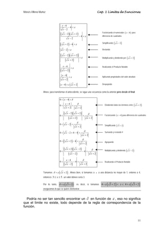 Moisés Villena Muñoz Cap. 1 Límites de Funciones 
Factorizando el numerador (x − 4) para 
diferencia de cuadrados 
Simplificando ( x − 2) 
Restando 
Multiplicando y dividiendo por ( x + 2) 
Realizando el Producto Notable 
Aplicando propiedades del valor absoluto 
Despejando 
Dividiendo todos los términos entre ( x + 2) 
Factorizando (x − 4) para diferencia de cuadrados 
11 
x 
x 
x x 
4 4 
ε 
2 
2 2 
( )( ) 
x 
( ) 
x 
x 
x x 
( )( ) 
( ) 
( ) 
4 
2 
2 4 
2 
2 2 
2 
x 
x 
x 
x 
x 
x x 
4 
2 
4 
2 
4 2 
ε 
ε 
ε 
ε 
ε 
ε 
ε 
− 
− < 
− 
− + 
− < 
− 
+ − < 
− < 
− + 
< 
+ 
− 
< 
+ 
− 
< 
+ 
− < + 
Ahora para transformar el antecedente, se sigue una secuencia como la anterior pero desde el final: 
x 
x 
x x 
x x 
0 4 
0 4 
δ 
δ 
2 2 
2 2 
( )( ) 
( ) 
x x 
( ) 
( )( ) 
( ) 
( ) 
0 
2 2 
0 2 
2 
0 244 
2 
0 2 4 
2 
2 2 
0 4 
2 2 
0 4 4 
2 2 
x 
x 
x 
x 
x 
x 
x x 
x x 
x 
x x 
δ 
δ 
δ 
δ 
δ 
δ 
< − < 
− 
< < 
+ + 
− + 
< < 
+ + 
< − < 
+ 
< − + − < 
+ 
< + − < 
+ 
+ − 
< − < 
− + 
− 
< − < 
− + 
Simplificando ( x + 2) 
Sumando y restando 4 
Agrupando 
Multiplicando y dividiendo ( x − 2) 
Realizando el Producto Notable 
Tomamos δ =ε ( x + 2) . Ahora bien, si tomamos a x a una distancia no mayor de 1, entorno a 4, 
entonces 3 ≤ x ≤ 5 , un valor idóneo sería 3. 
Por lo tanto, δ =ε ( 3 + 2) ; es decir, si tomamos 4 −ε ( 3 + 2) < x < 4 +ε ( 3 + 2) 
aseguramos lo que se quiere demostrar. 
Podría no ser tan sencillo encontrar un ∂ en función de ε , eso no significa 
que el límite no existe, todo depende de la regla de correspondencia de la 
función. 
 
