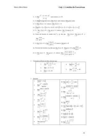 Moisés Villena Muñoz Cap. 1 Límites de Funciones 
55 
11. Si 
x − x − a − 
a 
x a 
x → a + 
− 
2 2 
lím existe entonces a = 0 . 
12. Si lím[f (x)g(x)] 
x→a 
existe y lím f (x) 
x→a 
existe entonces lím g(x) 
x→a 
existe. 
→ lím f (x) 
x a 
13. Si = +∞ 
→− lím f (x) 
x a 
entonces = −∞ 
14. ( ( ) ) ( ) 
1 lím3 1 2 0, 0, 0 1 3 1 2 
x 
x ε x x x ε 
→ 
− = ⇔∀  ∃∂  ∀ ⎡⎣  −  ∂⇒ − −  ⎤⎦ 
15. Si lím ( ) 0 
0 
= 
→ + 
f x 
x 
lím ( ) 
0 
y = ∞ 
→ + 
g x 
x 
entonces lím ( ) ( ) 0 
0 
= 
→ + 
f x g x 
x 
. 
16. Existen dos funciones de variable real f y g tales que lím f ( x ) = lím g ( x 
) = 
0 
→ + → + 
x x 
0 0 
y 
e 
f x 
lím ( ) 
0 
g x 
x 
= 
→ + ( ) 
17. Si lím ( ) 0 
x 
f x 
→∞ 
= y 
( ) 
f x 
⎛ ⎞ 
⎜ ⎟ = 
⎝ ⎠ 
lím 2 
x →∞ g ( x 
) 
entonces lím ( ) 0 
x 
g x 
→∞ 
= 
18. No existen dos funciones f y g tales que 
lím ( ) 0 
x 
0 
f x 
→ 
= , 
lím ( ) 0 
x 
0 
g x 
→ 
= y 
lím ( ) 5 
x 0 
( ) 
f x 
→ g x 
= 
19. Si lím ( ) = 3 
→ 
f x 
x a 
, lím ( ) = −2 
→ 
g x 
x a 
, entonces 
f x g x 
( ) + ( ) − 
1 
( ) ( ) 1 
lím 
3 + − 
→ f x g x 
x a 
=1 
2. Empleando la definición de límite, demuestre que: 
1. 
2 
lím 2 1 3 
x 1 
1 
x x 
− − 
→ + x 
= 
− 
2. lím 1 2 
− = → + 
5 
x 
x 
3. lím 3 0 
− = → + 
3 
x 
x 
⎛ − → + 
4. 2 
2 
lím 4 
4 
= ⎟⎠⎞ 
⎜⎝ 
x 
x 
x 
− 
lím 4 
5. 4 
2 
2 
2 
= − 
+ 
→− + x 
x 
3. Determine 
1. 2 
x x → + 
lím 2 
x 
3 
cde + fgh 
2. 
e x x 
lím cos 2 
x 
3 
x 0 
sen 4 
− 
→ + 
x x 
lím cos cos 3 
3. 0 2 
x 
x 
− 
→ + 
4. 
x 
x 3 
2 5 
lím ⎡ 
2 3⎥⎦ 
x x 
⎤ 
⎢⎣ 
+ 
− 
→+∞ 
5. 
xex e 
1 
lím 
2 
1 − 
− 
→ + x 
x 
⎞ 
⎛ 
lím cos 
6. ⎟ ⎟ 
⎠ 
⎜ ⎜ 
π + ⎝ 
x 
− π 
→ 2 
2 
x 
x 
7. 
tan 
4 
lím 4 3 
2 
2 
x 
x 
x 
π 
→ + 
⎛ − ⎞ ⎜ ⎟ 
⎝ ⎠ 
lím 2arctan 
8. 3 
1 
x 
x 
x 
e 
π 
→∞ 
⎡ − ⎤ ⎢ ⎥ 
⎢ ⎥ 
⎣ − ⎦ 
9. ( ) tan2 2 
lím sen 2 x 
x 
4 
x 
π + 
→ 
⎤ 
⎡ 
lím sen ⎛ + 
1 ⎞ 
sen 
20. ⎥⎦ 
⎢⎣ 
− ⎟⎠ 
⎜⎝ 
→∞ 
x 
x 
x 
x 
21. 
( 2 ) 
1 
x 
arctan arctan1 
lím 
x → + x 
1 
− 
− 
22. 
x 
− 
lím 1 
→ x x 
2 1 
1 − 2 − 
x 
⎞ 
⎛ 
− 
1 
x 
23. ⎟ ⎟⎠ 
⎜ ⎜⎝ 
− 
1 
1 
→ 2 
2 
2 
arcsen arcsen 
lím 
x 
x 
24. 
0 
sen 
lím 
x 
x 
→ + x 
25. (a b ) 
lím Sgn( ) 1 ( 1) 
x 
0 
x x μ x 
→ + 
⎡⎣ + + − ⎤⎦ 
26. 
( x 
) 
x 
lím sen sen 
x 
→0+ 
27. lím 
(a x b + a − 
x 
b) x 
→ 
0 
28. ( ) ( ) 2 lím tan x 
x 
x 
π 
π 
→ 
− 
29. 
2 
2 
2 5 
2 
lím 3 
2 
1 
x x 
x x 
x x 
+ + 
− − 
→ 
⎛ ⎞ 
⎜ + ⎟ ⎝ ⎠ 
 