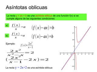 Asíntotas oblicuas
f ( x )
x
=a
f ( x )
x
=a
(f (x)−ax)=b
La recta y = ax + b es una asíntota oblicua de una función f(x) ...