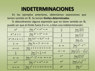 INDETERMINACIONES
En los ejemplos anteriores, obteníamos expresiones que
tenían sentido en ℝ. Se tenían límites determinados.
Si obtuviéramos alguna expresión que no tiene sentido en ℝ,
puede ser que el límite fuera 0 o ∞, o bien una indeterminación:
∞ 𝑘 lim
𝑥→∞
𝑥4 = ∞4 = ∞
𝑘∞, 𝑘 > 1 lim
𝑥→∞
5 𝑥
= 5∞
= ∞
𝑘∞, 0 < 𝑘 < 1 lim
𝑥→∞
0,1 𝑥 = 0,1∞ = 0
𝑘 · ∞ lim
𝑥→∞
5𝑥 = 5 · ∞ = ∞
∞ + 𝑘 lim
𝑥→∞
𝑥 + 1 = ∞ + 1 = ∞
𝑘
∞
lim
𝑥→∞
3
𝑥 = 3
∞ = 0
∞ · ∞ lim
𝑥→∞
𝑥2 · 2 𝑥 = ∞ · ∞ = ∞
∞∞ lim
𝑥→∞
𝑥 𝑥 = ∞∞ = ∞
∞ + ∞ lim
𝑥→∞
𝑥2
+ 𝑥 = ∞ + ∞ = ∞
∞
∞
lim
𝑥→∞
3𝑥+2
2𝑥+1
0
0
lim
𝑥→2
𝑥2−4
𝑥−2
𝑘
0
lim
𝑥→1
𝑥
𝑥−1
0 · ∞ lim
𝑥→∞
𝑥2 · 𝑒−𝑥
∞ − ∞ lim
𝑥→∞
𝑥2
𝑥−1 − 𝑥2
𝑥+1
1∞ lim
𝑥→∞
𝑥+1
𝑥−1
𝑥
∞0 lim
𝑥→3
1
𝑥2−9
𝑥−3
00 lim
𝑥→0
𝑥 𝑥
 