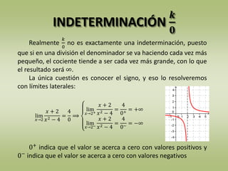 INDETERMINACIÓN
𝒌
𝟎
Realmente
𝑘
0
no es exactamente una indeterminación, puesto
que si en una división el denominador se va haciendo cada vez más
pequeño, el cociente tiende a ser cada vez más grande, con lo que
el resultado será ∞.
La única cuestión es conocer el signo, y eso lo resolveremos
con límites laterales:
lim
𝑥→2
𝑥 + 2
𝑥2 − 4
=
4
0
⟹
lim
𝑥→2+
𝑥 + 2
𝑥2 − 4
=
4
0+ = +∞
lim
𝑥→2−
𝑥 + 2
𝑥2 − 4
=
4
0−
= −∞
0+
indica que el valor se acerca a cero con valores positivos y
0−
indica que el valor se acerca a cero con valores negativos
 