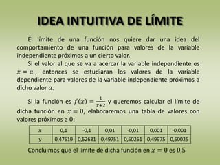 IDEA INTUITIVA DE LÍMITE
El límite de una función nos quiere dar una idea del
comportamiento de una función para valores de la variable
independiente próximos a un cierto valor.
Si el valor al que se va a acercar la variable independiente es
𝑥 = 𝑎 , entonces se estudiaran los valores de la variable
dependiente para valores de la variable independiente próximos a
dicho valor 𝑎.
Si la función es 𝑓 𝑥 =
1
𝑥+2
y queremos calcular el límite de
dicha función en 𝑥 = 0, elaboraremos una tabla de valores con
valores próximos a 0:
𝑥 0,1 -0,1 0,01 -0,01 0,001 -0,001
𝑦 0,47619 0,52631 0,49751 0,50251 0,49975 0,50025
Concluimos que el límite de dicha función en 𝑥 = 0 es 0,5
 