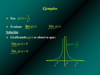 Ejemplos
◆ Sea
◆ Evaluar y
Solución
◆ Graficando g(x) se observa que:
x
y
–3 –2 –1
1 2 3
 