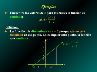 Ejemplos
◆ Encuentre los valores de x para los cuales la función es
continua:
Solución:
◆ La función g is discontinua en x = 2 porque g is no está
definidad en ese punto. En cualquier otro punto, la función
g es continua.
– 2 –1 1 2
5
4
3
2
1
x
y
 