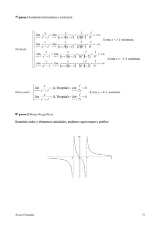 7o passo (Assíntotas horizontais e verticais):



                        x                   x               1       1
               xlim+ x 2 − 1 = xlim+ ( x + 1)( x − 1) = (2 ) 0 + = 0 + = +∞.
                                                       ( )
              
                   →1              →1
                                                                              A reta x = 1 é assíntota.
                        x                   x               1       1
               xlim− x 2 − 1 = x →1− ( x + 1)( x − 1) = (2 ) 0 − = 0 − = −∞.
                                  lim
                                                       ( )
                →1
Vertical:
                         x                     x              −1        1
               lim+ 2         = lim+                    = +          = + = +∞.
                                                      ( )
               x →−1 x − 1 x→−1 ( x + 1)(x − 1) 0 (− 2 ) 0                      A reta x = −1 é assíntota.
                         x                     x              −1        1
               lim− 2         = lim−                   = −           = − = −∞.
                                                    ( )
               x →−1 x − 1 x →−1 ( x + 1)( x − 1) 0 (− 2 ) 0




                       x                             1
             xlim x 2 − 1 = (L´Hospital) = xlim 2 x = 0.
             → +∞                              → +∞
Horizontal:                                                  A reta y = 0 é assíntota.
             lim       x                             1
                             = (L´Hospital) = lim        = 0.
             x → −∞ x 2 − 1
                                             x → −∞ 2 x




8o passo (Esboço do gráfico):

Reunindo todos o elementos calculados, podemos agora traçar o gráfico:




Álvaro Fernandes                                                                                               77
 