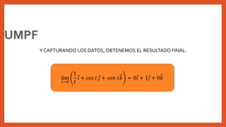 Y CAPTURANDO LOS DATOS, OBTENEMOS EL RESULTADO FINAL:
lim
𝑡→0
1
𝑡
𝑖 + cos 𝑡 𝑗 + 𝑠𝑒𝑛 𝑡𝑘 = 0 𝑖 + 1 𝑗 + 0𝑘
 