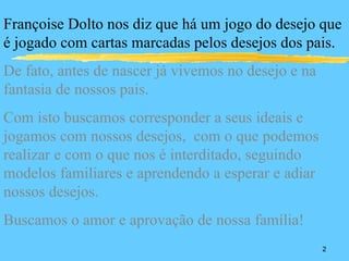 Françoise Dolto nos diz que há um jogo do desejo que
é jogado com cartas marcadas pelos desejos dos pais.
De fato, antes de nascer já vivemos no desejo e na
fantasia de nossos pais.
Com isto buscamos corresponder a seus ideais e
jogamos com nossos desejos, com o que podemos
realizar e com o que nos é interditado, seguindo
modelos familiares e aprendendo a esperar e adiar
nossos desejos.
Buscamos o amor e aprovação de nossa família!
                                                     2
 