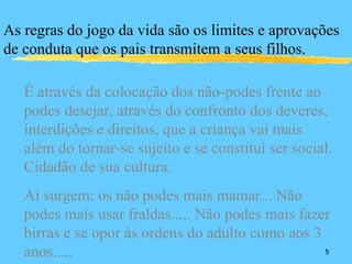 As regras do jogo da vida são os limites e aprovações
de conduta que os pais transmitem a seus filhos.

   É através da colocação dos não-podes frente ao
   podes desejar, através do confronto dos deveres,
   interdições e direitos, que a criança vai mais
   além do tornar-se sujeito e se constitui ser social.
   Cidadão de sua cultura.
   Aí surgem: os não podes mais mamar... Não
   podes mais usar fraldas..... Não podes mais fazer
   birras e se opor às ordens do adulto como aos 3
   anos.....                                       5
 