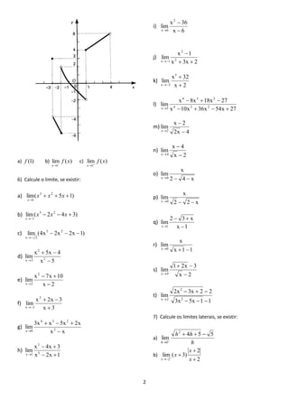 2 
a) f (1) b) lim ( ) 
1 
f x 
x   
c) lim ( ) 
1 
f x 
x   
6) Calcule o limite, se existir: 
a) lim( 5 1) 3 2 
1 
   
 
x x x 
x 
b) lim( 2 4 3) 3 2 
1 
   
 
x x x 
x 
c) lim (4x 2x 2x 1) 3 2 
x 2 
   
 
d) 
x 5 
x 5x 4 
lim 2 
2 
x 3  
  
 
e) 
x 2 
x 7x 10 
lim 
2 
x 2  
  
 
f) 
x 3 
x 2x 3 
lim 
2 
x 3  
  
 
g) 
x x 
3x x 5x 2x 
lim 2 
4 3 2 
x 0  
   
 
h) 
x 2x 1 
x 4x 3 
lim 5 
3 
x 1   
  
 
i) 
x 6 
x 36 
lim 
2 
x 6  
 
 
j) 
x 3x 2 
x 1 
lim 2 
2 
x 1   
 
 
k) 
x 2 
x 32 
lim 
5 
x 2  
 
 
l) 
x 10x 36x 54x 27 
x 8x 18x 27 
lim 4 3 2 
4 3 2 
x 3     
   
 
m) 
2x 4 
x 2 
lim 
x 2  
 
 
n) 
x 2 
x 4 
lim 
x 4  
 
 
o) 
2 4 x 
x 
lim 
x0   
p) 
2 2 x 
x 
lim 
x0   
q) 
x 1 
2 3 x 
lim 
x 1  
  
 
r) 
x 1 1 
x 
lim 
x0   
s) 
x 2 
1 2x 3 
lim 
x 4  
  
 
t) 
3x 5x 1 1 
2x 3x 2 2 
lim 
2 
2 
x 2    
   
 
7) Calcule os limites laterais, se existir: 
a) 
h 
h h 
h 
4 5 5 
lim 
2 
0 
   
  
b) 
2 
2 
lim ( 3) 
2  
 
 
  x 
x 
x 
x 
 