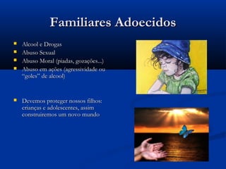 Familiares AdoecidosFamiliares Adoecidos
 Alcool e DrogasAlcool e Drogas
 Abuso SexualAbuso Sexual
 Abuso Moral (piadas, gozações...)Abuso Moral (piadas, gozações...)
 Abuso em ações (agressividade ouAbuso em ações (agressividade ou
“goles” de alcool)“goles” de alcool)
 Devemos proteger nossos filhos:Devemos proteger nossos filhos:
crianças e adolescentes, assimcrianças e adolescentes, assim
construiremos um novo mundoconstruiremos um novo mundo
 