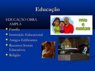 EducaçãoEducação
EDUCAÇÃO OBRAEDUCAÇÃO OBRA
AMPLAAMPLA
 FamíliaFamília
 Instituição EducacionalInstituição Educacional
 Amigos EdificantesAmigos Edificantes
 Recursos SociaisRecursos Sociais
EducativosEducativos
 ReligiãoReligião
 