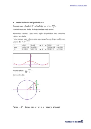 Matemática Superior- UVB




1. Limite fundamental trigonométrico




Atribuindo valores a x pela direita e pela esquerda de zero, conforme
mostra na tabela;
notamos que, para valores cada vez mais próximos de zero, obtemos
valores de




                          y


                     1
                              1

                                  1
                     0




Demonstração:
                y


                                      x
                                          tgx

                         sen x


                                                x




                                                                        Faculdade On-line UVB   10
 