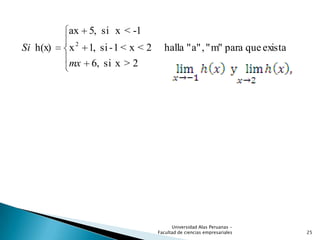existaqueparam"",a""halla
2>xsi,6
2<x<1-si,1x
-1<xsi5,ax
h(x) 2
mx
Si
25
Universidad Alas Peruanas -
Facultad de ciencias empresariales
 
