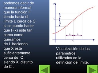 podemos decir de 
manera informal 
que la función F 
tiende hacia el 
límite L cerca de C 
si se puede hacer 
que F(x) esté tan 
cerca como 
queramos 
de L haciendo 
que X esté 
suficientemente 
cerca de C 
siendo X distinto 
de C . 
Visualización de los 
parámetros 
utilizados en la 
definición de límite. 
 