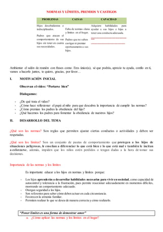 NORMAS Y LÍMITES, PREMIOS Y CASTIGOS
PROBLEMAS CAUSAS CAPACIDAD
Hijos desobedientes e
indisciplinados.
Padres que atacan el
comportamiento de sus
hijos sin tener en cuenta
sus necesidades.
Falta de normas claras
y límites en el hogar.
Padres que no saben
castigar ni premiar
oportunamente a sus
hijos.
Adquiere habilidades para
ayudar a sus hijos e hijas a
tener una conducta adecuada.
Proporcionar a los padres elementos necesarios para ayudar a sus hijos e hijas a que tengan una conducta
adecuada.
Concretar algunas orientaciones prácticas para emplear los premios y castigos con carácter educativo.
Ambientar el salón de reunión con frases como: Eres único(a), sé que podrás, aprecio tu ayuda, confío en ti,
vamos a hacerlo juntos, te quiero, gracias, por favor…
I. MOTIVACIÓN INICIAL
Observan el video: “Portarse bien”
Dialogamos:
- ¿De qué trata el video?
- ¿Cómo hace reflexionar el papá al niño para que descubra la importancia de cumplir las normas?
- ¿Cómo premian los padres la obediencia del hijo?
- ¿Qué hacemos los padres para fomentar la obediencia de nuestros hijos?
II. DESARROLLO DEL TEMA
¿Qué son las normas? Son reglas que permiten ajustar ciertas conductas o actividades y deben ser
respetadas.
¿Qué son los límites? Son un conjunto de pautas de comportamiento que protegen a los hijos de
situaciones peligrosas, le enseñan a diferenciar lo que está bien y lo que está mal y también le incitan
a esforzarse, además, impiden que los niños estén perdidos o tengan dudas a la hora de tomar sus
decisiones.
Importancia de las normas y los límites
Es importante educar a los hijos en normas y límites porque:
- Los hijos aprenderán a desarrollar habilidades necesarias para vivir en sociedad, como capacidad de
autocontrol y tolerancia a la frustración, pues permite reaccionar adecuadamente en momentos difíciles,
mostrando un comportamiento adecuado.
- Otorgan seguridad a los hijos.
- Son referentes para saber cómo deben actuar en cada circunstancia.
- Favorecen la armonía familiar.
- Permiten realizar lo que se desea de manera correcta y cómo realizarlo.
“Poner límites es una forma de demostrar amor”
a. ¿Cómo aplicar las normas y los límites en el hogar?
 