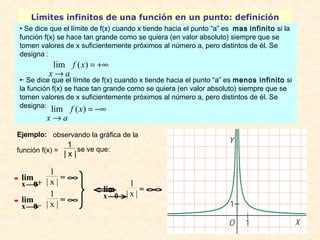 Límites infinitos de una función en un punto: definición 
• Se dice que el límite de f(x) cuando x tiende hacia el punto “a” es mas infinito si la 
función f(x) se hace tan grande como se quiera (en valor absoluto) siempre que se 
tomen valores de x suficientemente próximos al número a, pero distintos de él. Se 
designa : 
= +¥ 
lim f (x) 
x a 
•· Se dice que el límite de f(x) cuando x tiende hacia el punto “a” es menos infinito si 
la función f(x) se hace tan grande como se quiera (en valor absoluto) siempre que se 
tomen valores de x suficientemente próximos al número a, pero distintos de él. Se 
designa: 
lim f (x) 
x a 
Ejemplo: observando la gráfica de la 
función f(x) = 1 
· 
x®0+ lim 
| x | se ve que: 
1 
| x | = ¥ 
· 
x®0– lim 
1 
| x | = ¥ 
lim 
Û 
1 
| x | = ¥ 
x®0 
® 
= -¥ 
® 
 