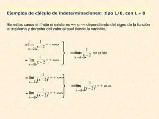 Ejemplos de cálculo de indeterminaciones: tipo L/0, con L ¹ 0 
En estos casos el límite si existe es +¥ o –¥ dependiendo del signo de la función 
a izquierda y derecha del valor al cual tiende la variable. 
lim 
1 
x – 2 = – ¥ 
· 
x®2– 
lim 
1 
x – 2 = + ¥ 
· 
x®2+ 
lim 
1 
x – 2 no existe 
Þ 
x®2 
lim 
1 
(x – 2)2 = + ¥ 
· 
x®2– 
lim 
1 
(x – 2)2 = + ¥ 
· 
x®2+ 
lim 
Þ 
1 
(x – 2)2 = + ¥ 
x®2 
 