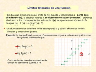 Límites laterales de una función 
· Se dice que el número b es el límite de f(x) cuando x tiende hacia a por la dere-cha 
(izquierda) , si al tomar valores x estrictamente mayores (menores) próximos 
al número a, los correspondientes valores de f(x) se aproximan al número b. Se 
designa 
(lim f (x)= b). 
Ejemplo: la función Ent(x) = «mayor nº entero menor o igual a x» tiene una gráfica como 
la siguiente. Se observa que: 
· 
lxi®m3 + Ent(x) = 3 
· 
lxi®m3 – Ent(x) = 2 
Como los límites laterales no coinciden la 
función no tiene límite cuando x®3. 
3 
x®alim + f (x) = b ( 
x®a – 
· Una función se dice que tiene límite en un punto si y sólo si existen los límites 
laterales y ambos son iguales. 
 