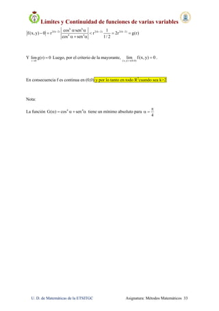 Límites y Continuidad de funciones de varias variables
U. D. de Matemáticas de la ETSITGC Asignatura: Métodos Matemáticos 33
k k
2(k 2) 2(k 2) 2(k 2)
4 4
cos ·sen 1
f(x, y) 0 r r 2r g(r)
cos sen 1/ 2
   
    
  
Y
r 0
limg(r) 0

 Luego, por el criterio de la mayorante,
(x,y) (0,0)
lim f(x, y) 0

 .
En consecuencia f es continua en (0,0) y por lo tanto en todo R2
cuando sea k>2
Nota:
La función 4 4
G( ) cos sen     tiene un mínimo absoluto para
4

 
 