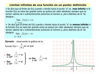 • Se dice que el límite de f(x) cuando x tiende hacia el punto “a” es mas infinito si la
función f(x) se hace tan grande como se quiera (en valor absoluto) siempre que se
tomen valores de x suficientemente próximos al número a, pero distintos de él. Se
designa :
•· Se dice que el límite de f(x) cuando x tiende hacia el punto “a” es menos infinito si
la función f(x) se hace tan grande como se quiera (en valor absoluto) siempre que se
tomen valores de x suficientemente próximos al número a, pero distintos de él. Se
designa:
Límites infinitos de una función en un punto: definición

x0+
lim
1
| x |
= 

x0–
lim
1
| x |
= 

x0
lim
1
| x |
= 
Ejemplo: observando la gráfica de la
función f(x) =
1
| x |
se ve que:


)(lim xf
ax


)(lim xf
ax
 