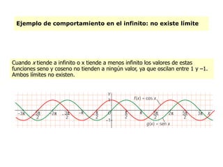 Ejemplo de comportamiento en el infinito: no existe límite
Cuando x tiende a infinito o x tiende a menos infinito los valores de estas
funciones seno y coseno no tienden a ningún valor, ya que oscilan entre 1 y –1.
Ambos límites no existen.
 