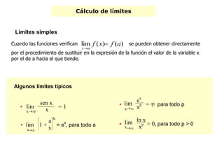 Cálculo de límites
Límites simples
Algunos límites típicos
x

x
lim








1 +
a
x = ea
, para todo a
Cuando las funciones verifican se pueden obtener directamente
por el procedimiento de sustituir en la expresión de la función el valor de la variable x
por el de a hacia el que tiende.
)()(lim afxf
ax


sen x

x0
lim
x
= 1
x

x
lim
e
xp = , para todo p
ln x

x
lim
xp = 0, para todo p > 0
 