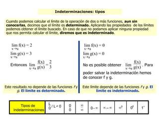 Indeterminaciones: tipos
Cuando podemos calcular el límite de la operación de dos o más funciones, aun sin
conocerlas, decimos que el límite es determinado. Aplicando las propiedades de los límites
podemos obtener el límite buscado. En caso de que no podamos aplicar ninguna propiedad
que nos permita calcular el límite, diremos que es indeterminado.
Este resultado no depende de las funciones f y
g. El límite es determinado.
Este límite depende de las funciones f y g. El
límite es indeterminado.
xa
lim f(x) = 2
xa
lim g(x) = 3
Entonces
xa
lim
f(x)
g(x) =
2
3
xa
lim f(x) = 0
xa
lim g(x) = 0
No es posible obtener
xa
lim
f(x)
g(x) . Para
poder salvar la indeterminación hemos
de conocer f y g.
Tipos de
indeterminaciones
L
0 / L 0 0
0

 0 .   –  0
00
1

 