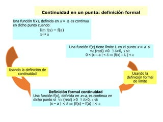 Continuidad en un punto: definición formal
Una función f(x) tiene límite L en el punto x = a si
 (real) >0  >0,  si:
0 < |x – a | <   |f(x) – L | < 
Definición formal continuidad
Una función f(x), definida en x=a, es continua en
dicho punto si  (real) >0  >0,  si:
|x – a | <   |f(x) – f(a) | < 
Usando la definición de
continuidad Usando la
definición formal
de límite
Una función f(x), definida en x = a, es continua
en dicho punto cuando:
x a
lim f(x) = f(a)
 