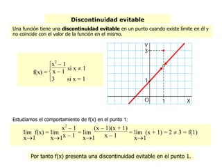 Discontinuidad evitable
Una función tiene una discontinuidad evitable en un punto cuando existe límite en él y
no coincide con el valor de la función en el mismo.
f(x) =



x2
– 1
x – 1
si x  1
3 si x = 1
x1
lim f(x) =
x1
lim
x2
– 1
x – 1 =
x1
lim
(x – 1)(x + 1)
x – 1 =
x1
lim (x + 1) = 2  3 = f(1)
Por tanto f(x) presenta una discontinuidad evitable en el punto 1.
Estudiamos el comportamiento de f(x) en el punto 1:
 