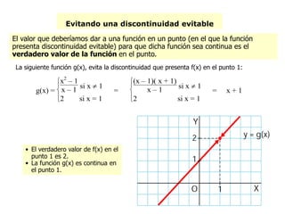 Evitando una discontinuidad evitable
El valor que deberíamos dar a una función en un punto (en el que la función
presenta discontinuidad evitable) para que dicha función sea continua es el
verdadero valor de la función en el punto.
La siguiente función g(x), evita la discontinuidad que presenta f(x) en el punto 1:
• El verdadero valor de f(x) en el
punto 1 es 2.
• La función g(x) es continua en
el punto 1.
g(x) =



x2
– 1
x – 1
si x  1
2 si x = 1
=



(x – 1)( x + 1)
x – 1
si x  1
2 si x = 1
= x + 1
 